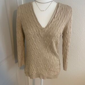 Ralph Lauren 95% Silk Gold Cable Knit V-Neck Sweater - Medium